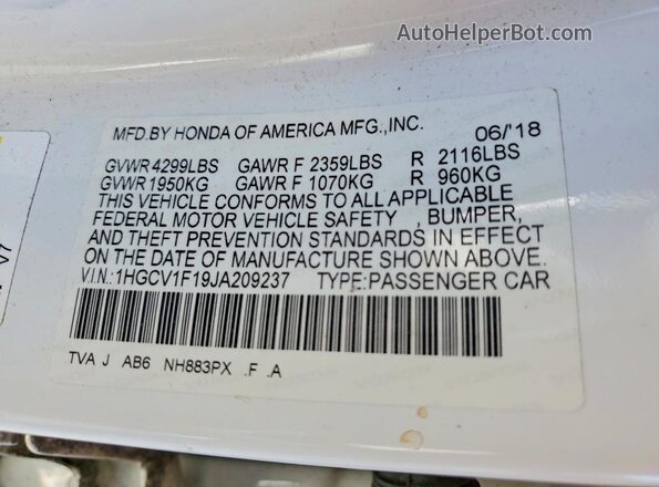 1HGCV1F19JA209237 2018 HONDA ACCORD White Вид наклейки з VIN-кодом