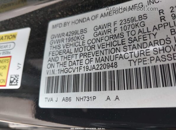 1HGCV1F19JA220948 2018 HONDA ACCORD Black Շարժիչի բաժամունքի տեսք