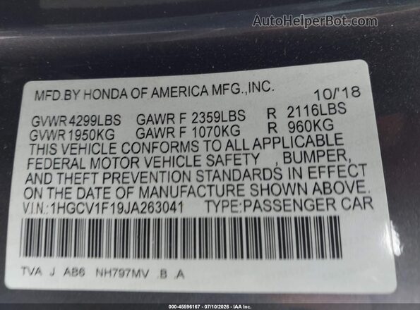 1HGCV1F19JA263041 2018 HONDA ACCORD Gray Вид підкапотного простору