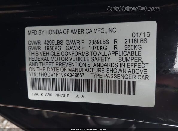 1HGCV1F19KA049667 2019 HONDA ACCORD Black Շարժիչի բաժամունքի տեսք