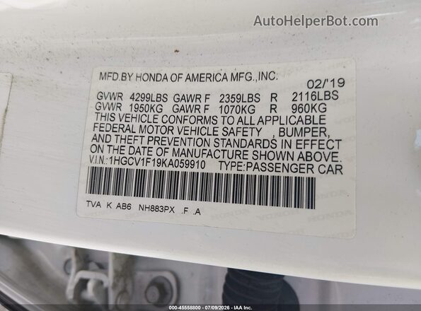 1HGCV1F19KA059910 2019 HONDA ACCORD Белый Вид подкапотного пространства