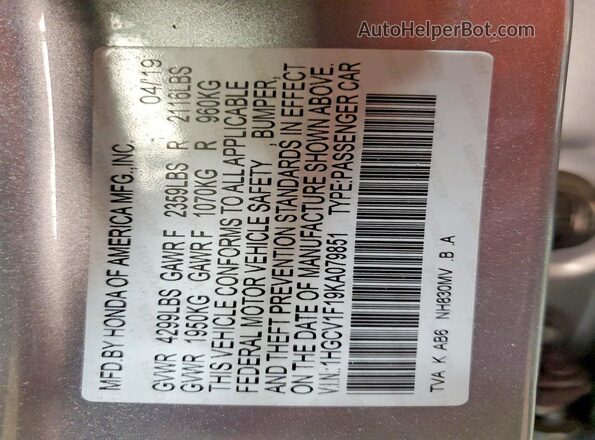 1HGCV1F19KA079851 2019 HONDA ACCORD Silver Engine compartment view