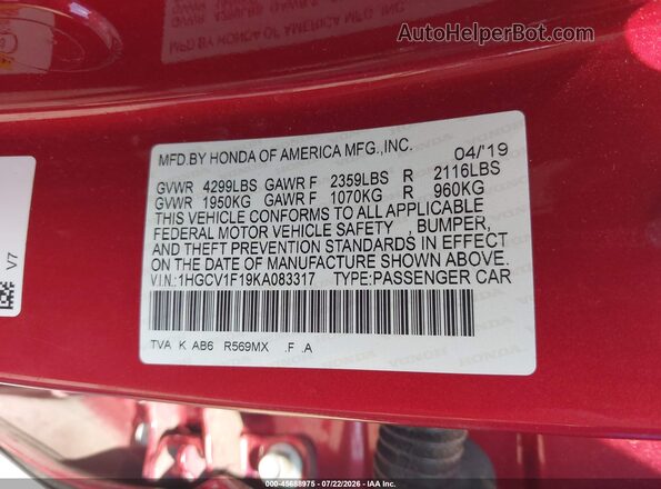 1HGCV1F19KA083317 2019 HONDA ACCORD Red Widok komory silnika