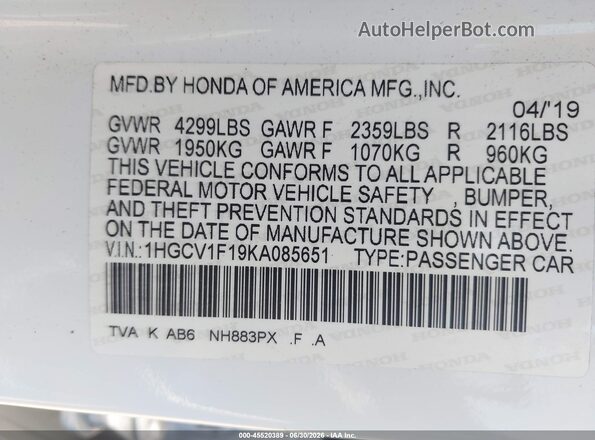 1HGCV1F19KA085651 2019 HONDA ACCORD White Widok komory silnika