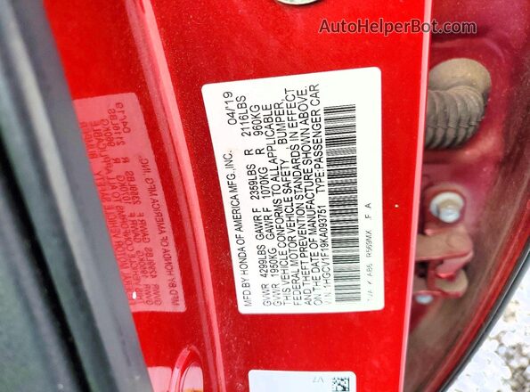 1HGCV1F19KA093751 2019 HONDA ACCORD Red Вид підкапотного простору