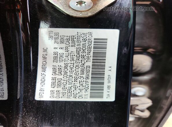 1HGCV1F19KA163720 2019 HONDA ACCORD Black Շարժիչի բաժամունքի տեսք