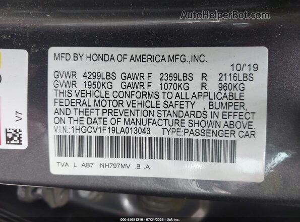 1HGCV1F19LA013043 2020 HONDA ACCORD Gray Widok komory silnika