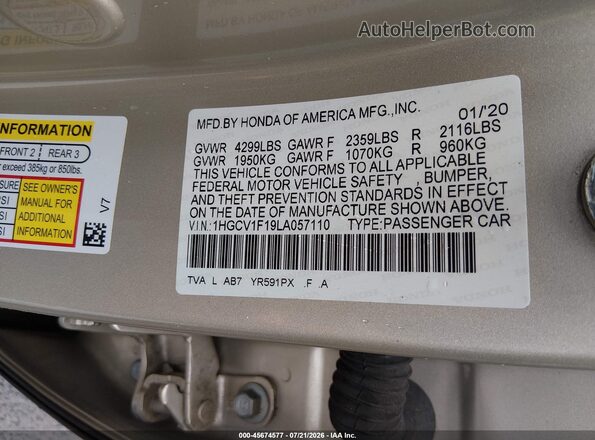1HGCV1F19LA057110 2020 HONDA ACCORD Gold Engine compartment view