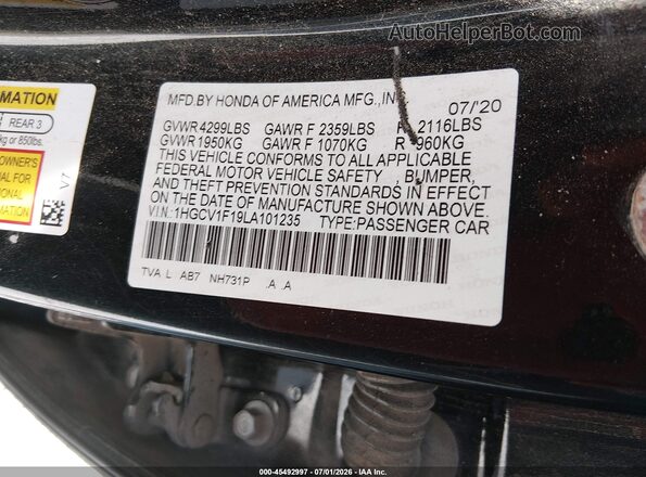 1HGCV1F19LA101235 2020 HONDA ACCORD Black Շարժիչի բաժամունքի տեսք
