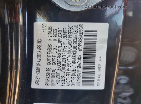 1HGCV1F19MA013125 2021 HONDA ACCORD Черный Вид наклейки с VIN-кодом