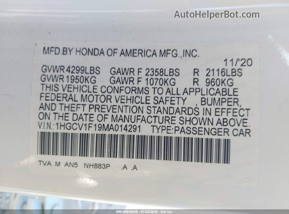 1HGCV1F19MA014291 2021 HONDA ACCORD White ძრავის განყოფილების ხედი