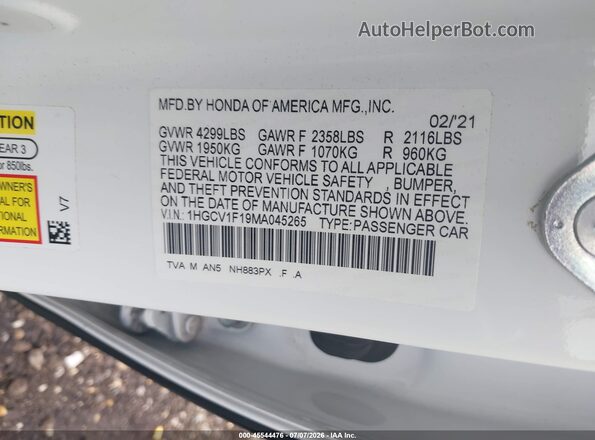 1HGCV1F19MA045265 2021 HONDA ACCORD White Widok komory silnika
