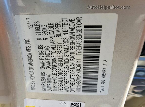 1HGCV1F1XJA067111 2018 HONDA ACCORD Gold Widok naklejki z numerem VIN