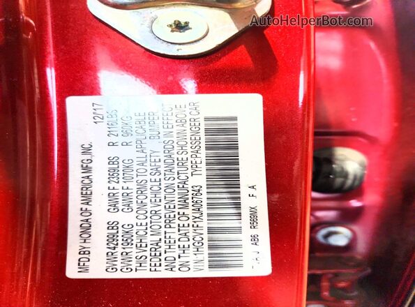 1HGCV1F1XJA067643 2018 HONDA ACCORD Red Widok naklejki z numerem VIN