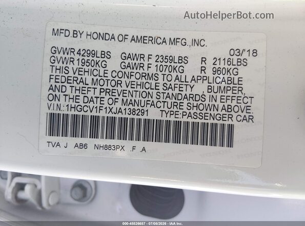 1HGCV1F1XJA138291 2018 HONDA ACCORD Белый Вид подкапотного пространства