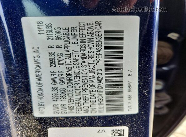 1HGCV1F1XKA021313 2019 HONDA ACCORD Blue VIN կոդի պիտակի տեսք