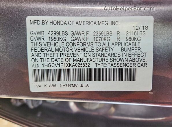 1HGCV1F1XKA025832 2019 HONDA ACCORD Gray Widok komory silnika