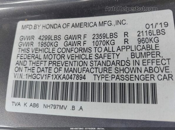 1HGCV1F1XKA047894 2019 HONDA ACCORD Gray Շարժիչի բաժամունքի տեսք
