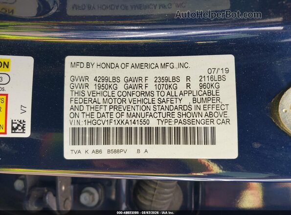 1HGCV1F1XKA141550 2019 HONDA ACCORD Blue ძრავის განყოფილების ხედი