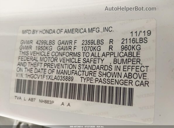 1HGCV1F1XLA035889 2020 HONDA ACCORD White Vista del compartimento del motor