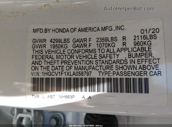 1HGCV1F1XLA058797 2020 HONDA ACCORD White Widok komory silnika