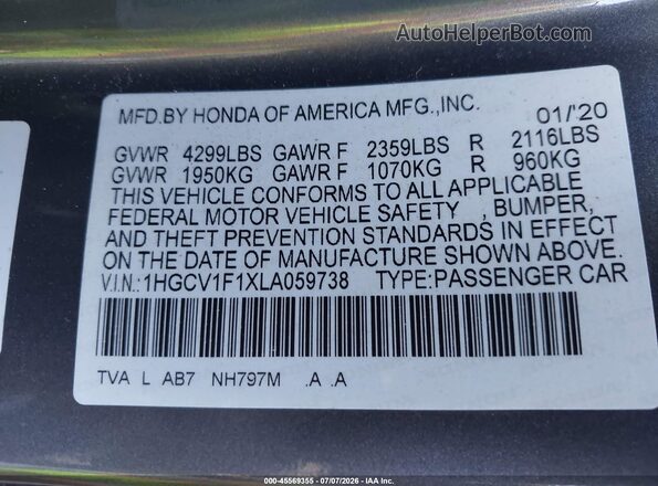 1HGCV1F1XLA059738 2020 HONDA ACCORD Серый Вид подкапотного пространства