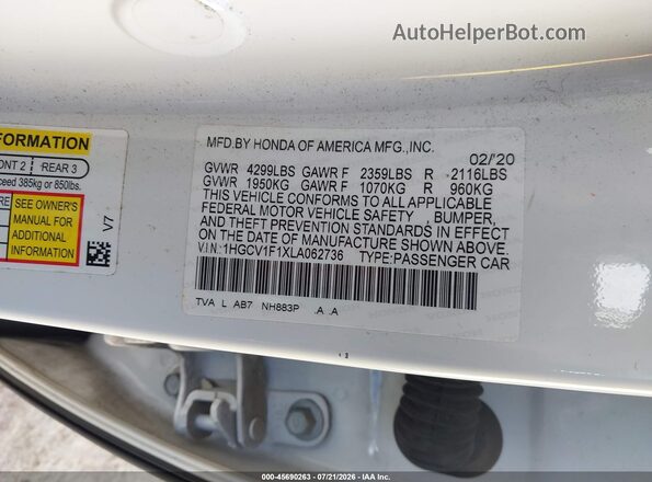 1HGCV1F1XLA062736 2020 HONDA ACCORD White Vista del compartimento del motor