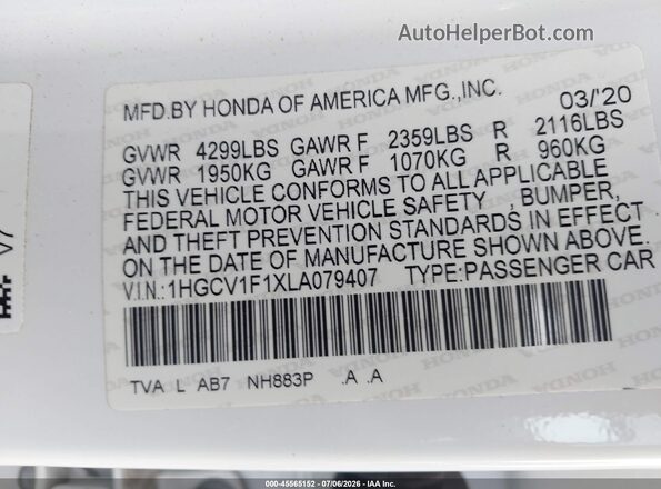 1HGCV1F1XLA079407 2020 HONDA ACCORD Белый Вид подкапотного пространства