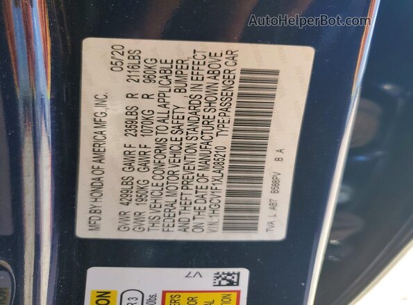 1HGCV1F1XLA085210 2020 HONDA ACCORD Синий Вид подкапотного пространства