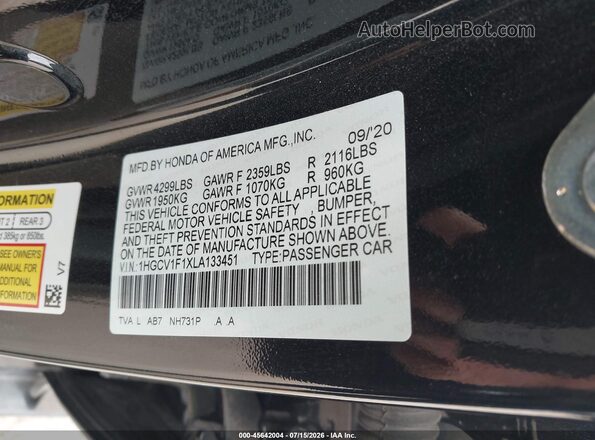 1HGCV1F1XLA133451 2020 HONDA ACCORD Black Widok komory silnika