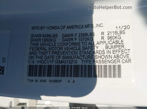 1HGCV1F1XMA015210 2021 HONDA ACCORD White Շարժիչի բաժամունքի տեսք