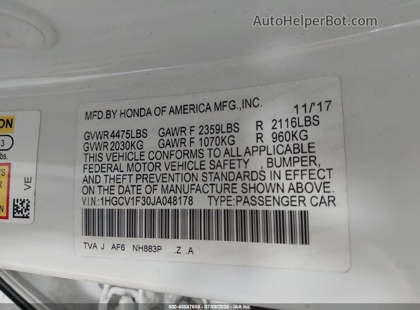 1HGCV1F30JA048178 2018 HONDA ACCORD White Vista del compartimento del motor
