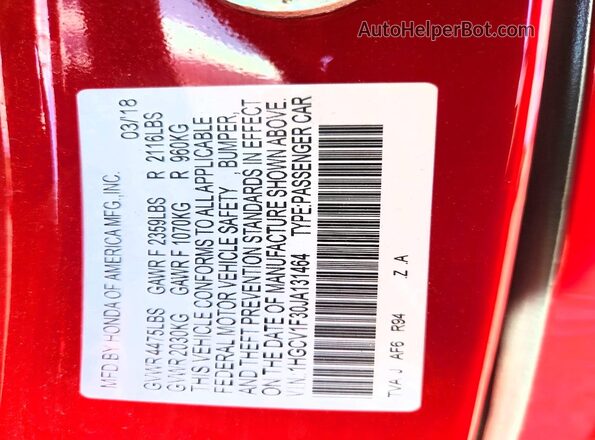 1HGCV1F30JA131464 2018 HONDA ACCORD Красный Вид наклейки с VIN-кодом
