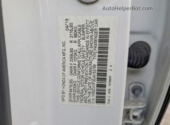 1HGCV1F30JA153769 2018 HONDA ACCORD White Widok komory silnika