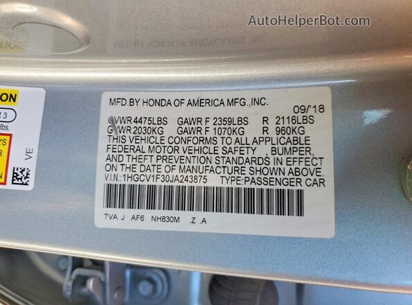 1HGCV1F30JA243875 2018 HONDA ACCORD Silver Engine compartment view