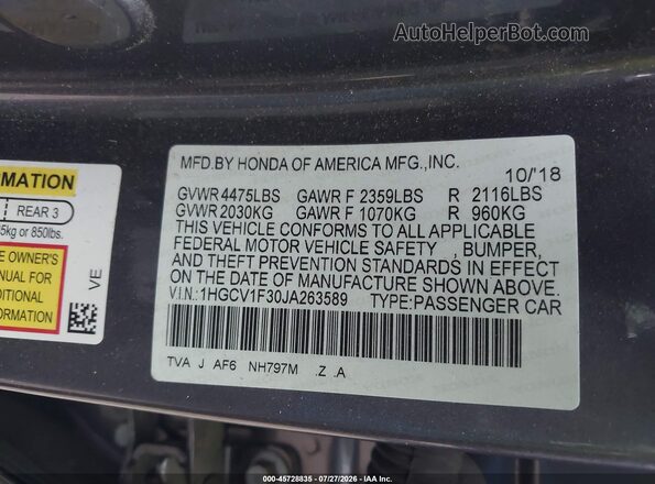 1HGCV1F30JA263589 2018 HONDA ACCORD Gray Vista del compartimento del motor