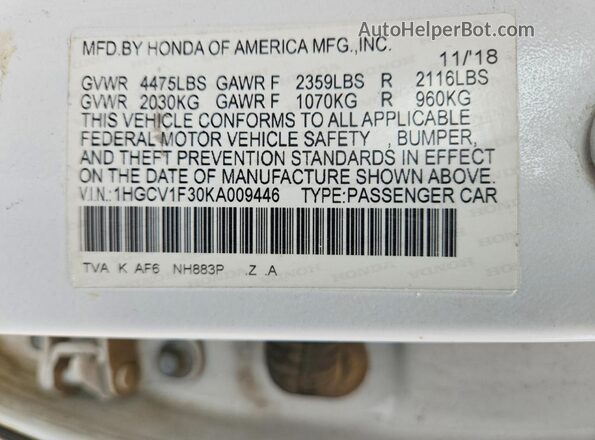 1HGCV1F30KA009446 2019 HONDA ACCORD White Вид підкапотного простору