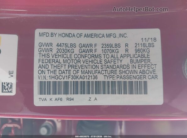 1HGCV1F30KA012136 2019 HONDA ACCORD Red Engine compartment view