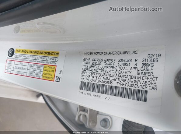 1HGCV1F30KA056945 2019 HONDA ACCORD White Вид підкапотного простору