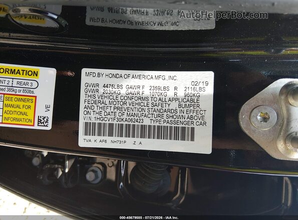 1HGCV1F30KA062423 2019 HONDA ACCORD Black Շարժիչի բաժամունքի տեսք