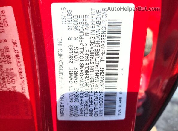 1HGCV1F30KA067847 2019 HONDA ACCORD Red Engine compartment view