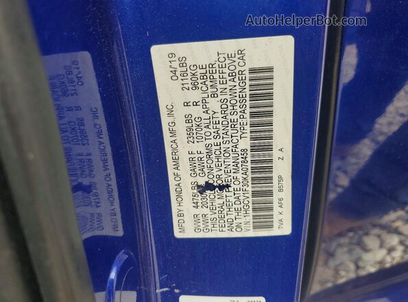 1HGCV1F30KA078458 2019 HONDA ACCORD Blue VIN sticker view