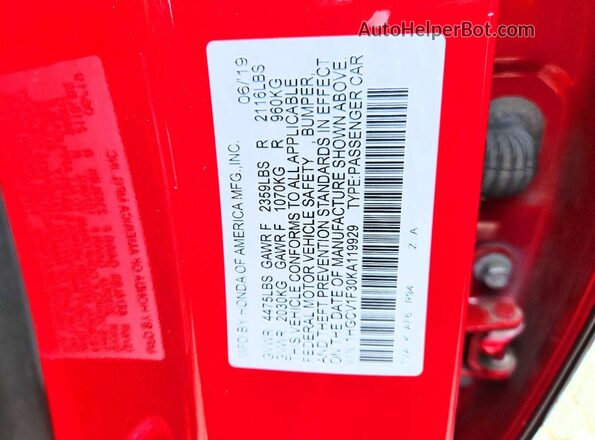 1HGCV1F30KA119929 2019 HONDA ACCORD Red Vista del compartimento del motor