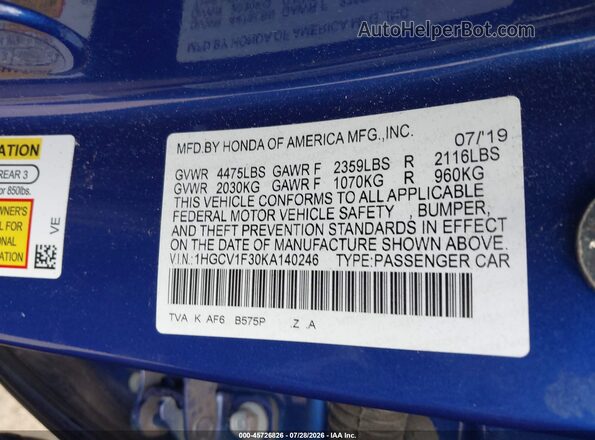 1HGCV1F30KA140246 2019 HONDA ACCORD Blue ძრავის განყოფილების ხედი