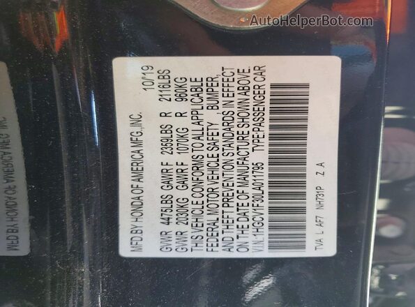 1HGCV1F30LA011795 2020 HONDA ACCORD Black Вид наклейки з VIN-кодом