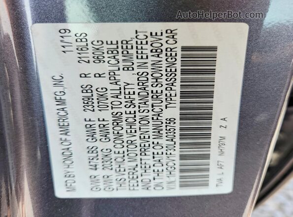 1HGCV1F30LA035756 2020 HONDA ACCORD Gray Vista del compartimento del motor