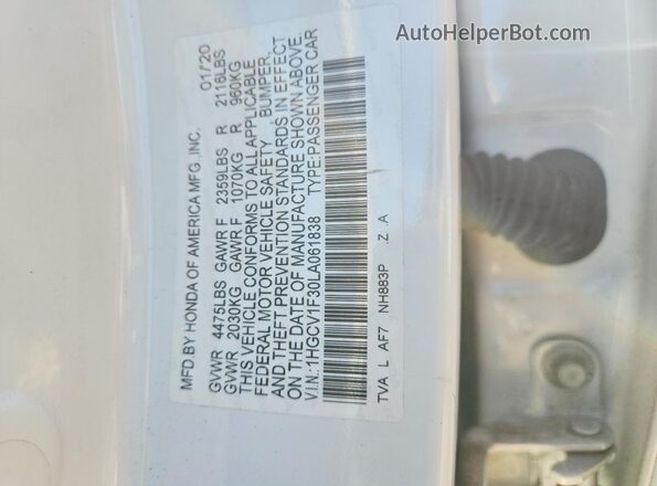 1HGCV1F30LA061838 2020 HONDA ACCORD Белый Вид подкапотного пространства