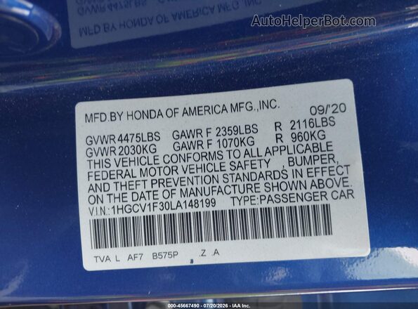 1HGCV1F30LA148199 2020 HONDA ACCORD Blue Widok komory silnika