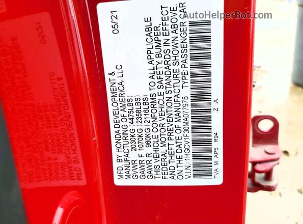 1HGCV1F30MA077975 2021 HONDA ACCORD Красный Вид наклейки с VIN-кодом