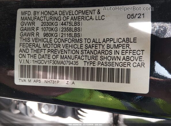1HGCV1F30MA079435 2021 HONDA ACCORD Black Вид підкапотного простору